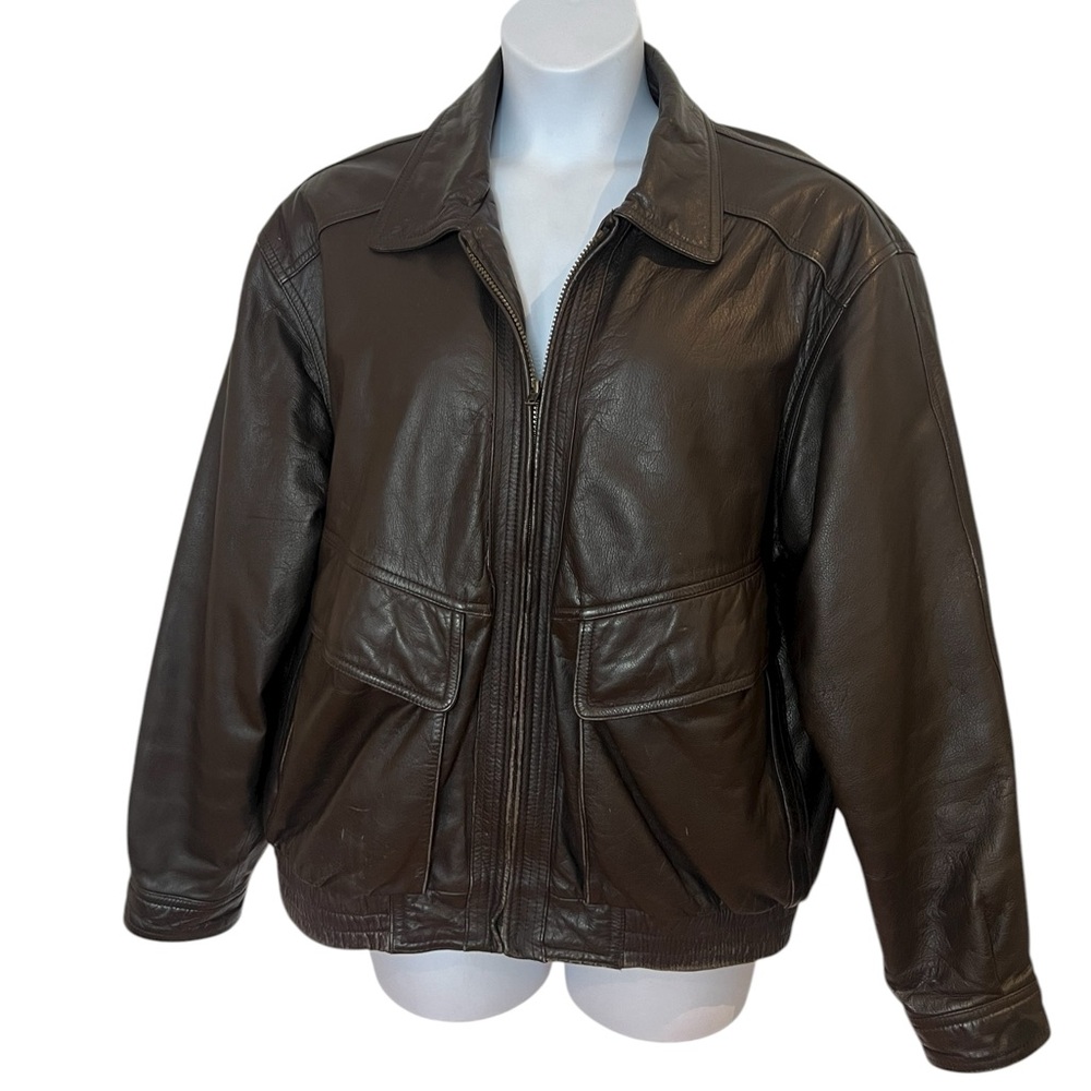 Members Only Brown Leather Bomber Jacket Size L Vintage 90s Style